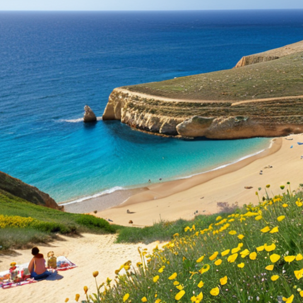 A picturesque view of Golden Bay in Malta during springtime (April-May). Capture the golden sand, crystal-clear azure water, and mild sunlight. In the background, rolling green hills with blooming wildflowers. Include a family enjoying a picnic on the beach.