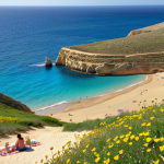 A picturesque view of Golden Bay in Malta during springtime (April-May). Capture the golden sand, crystal-clear azure water, and mild sunlight. In the background, rolling green hills with blooming wildflowers. Include a family enjoying a picnic on the beach.