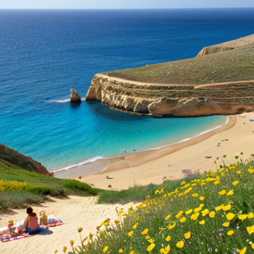 Home 11 A picturesque view of Golden Bay in Malta during springtime (April-May). Capture the golden sand, crystal-clear azure water, and mild sunlight. In the background, rolling green hills with blooming wildflowers. Include a family enjoying a picnic on the beach.