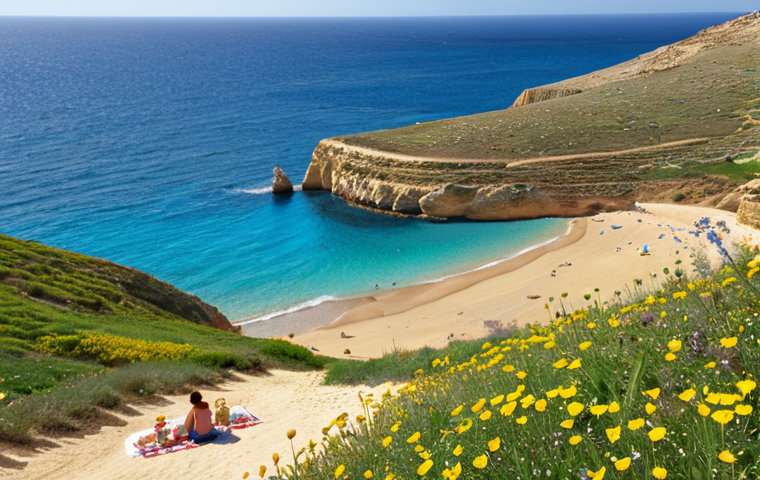A picturesque view of Golden Bay in Malta during springtime (April-May). Capture the golden sand, crystal-clear azure water, and mild sunlight. In the background, rolling green hills with blooming wildflowers. Include a family enjoying a picnic on the beach.
