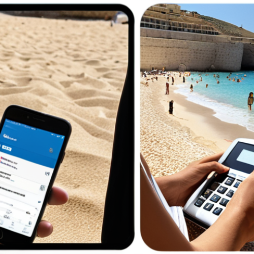 Home 6 **Image Prompt:** A split-screen visual. One side depicts a person happily using a mobile banking app on a sunny Maltese beach. The other side shows a serious individual reviewing tax documents and CRS guidelines in a well-lit office.